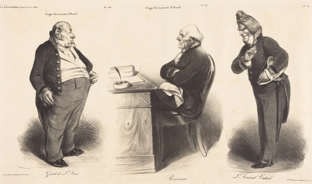 Girod de l'Ain - J.-Joseph Rousseau - Amiral Verhuel, by Honoré Daumier, ink, 1835