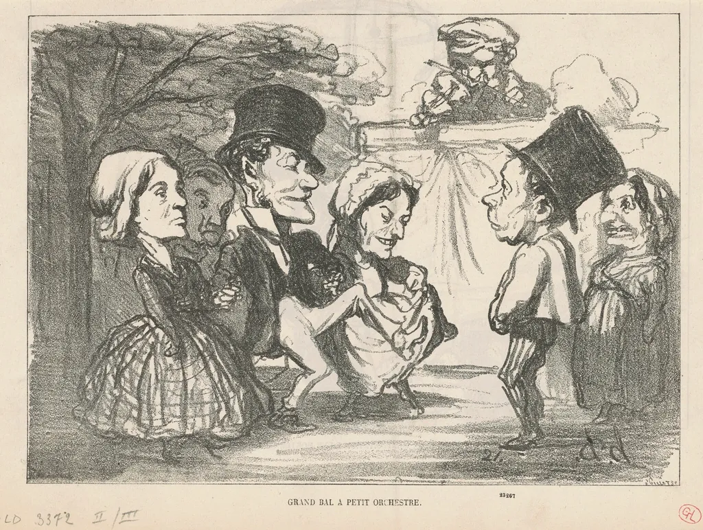 Grand bal a petit orchestre... (recto); Une société en nom collectif (verso), by Honoré Daumier, ink, 1865