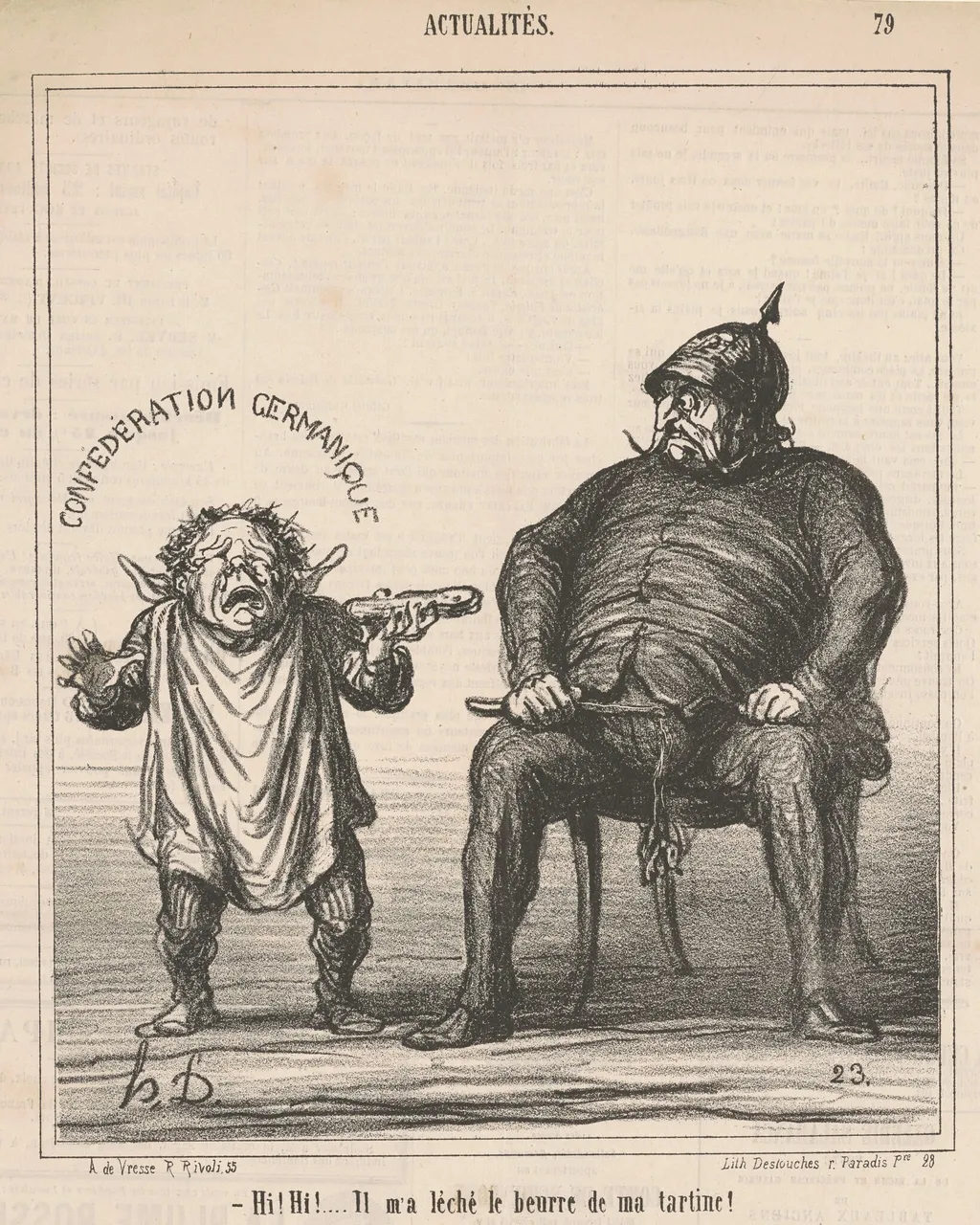 Hi! hi! ... Il m'a léché le beurre de ma tartine, by Honoré Daumier, ink, 1867