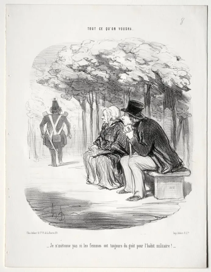 I am not surprised women are still fond of men in uniform., by Honoré Daumier, 1848