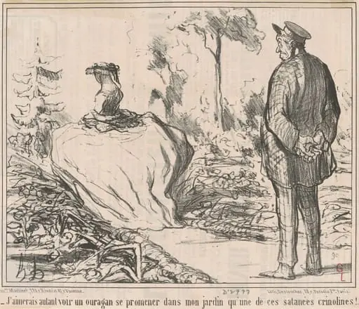 J'aimerais autant voir un ouragan se promener dans mon jardin qu'une de ces satanées crinolines!, by Honoré Daumier