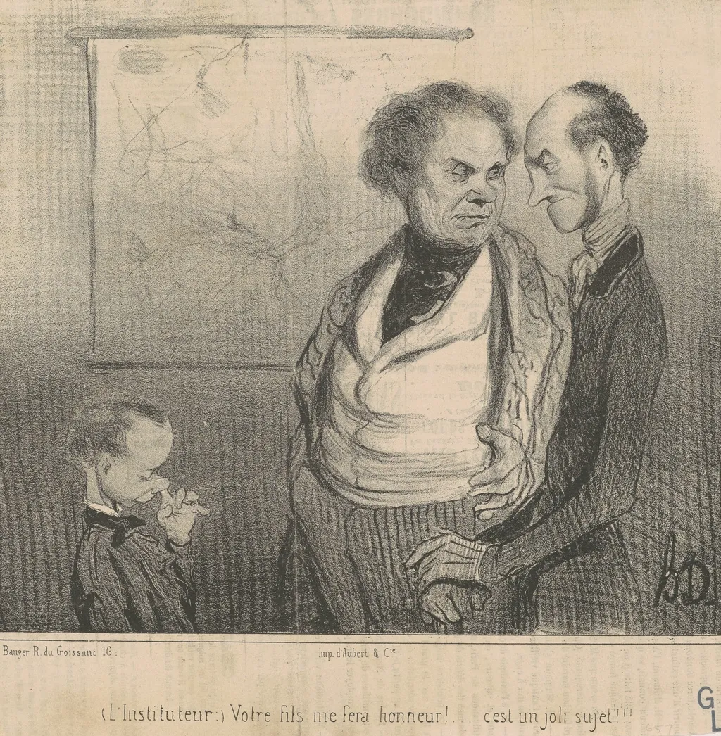 L'instituteur: votre fils me fera honneur!..., by Honoré Daumier, ink, 1840