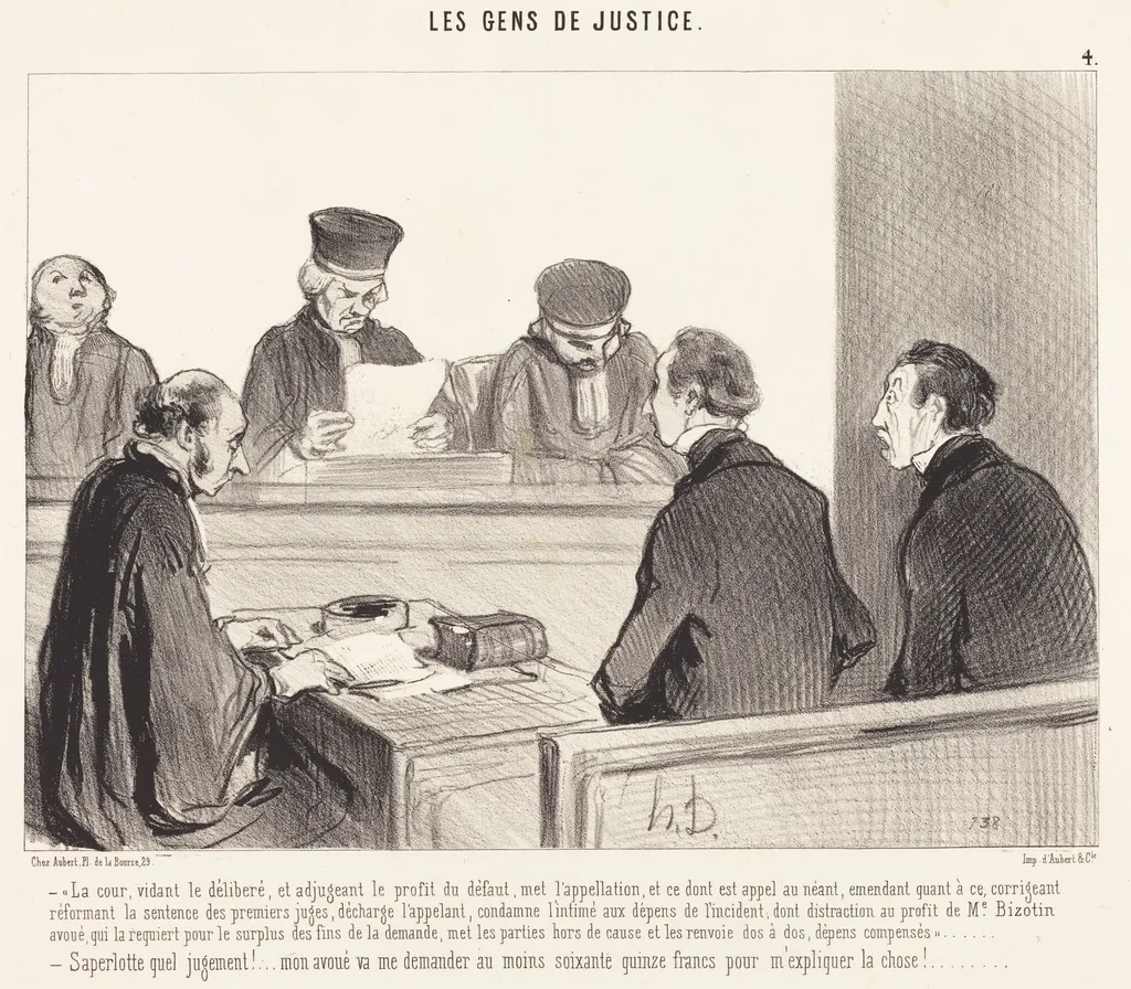 La Cour, vidant le délibéré..., by Honoré Daumier, ink, 1845