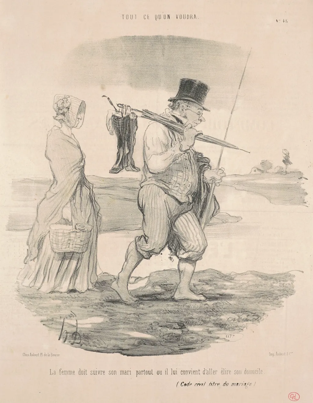 La femme doit suivre son mari ..., by Honoré Daumier, ink, 1848