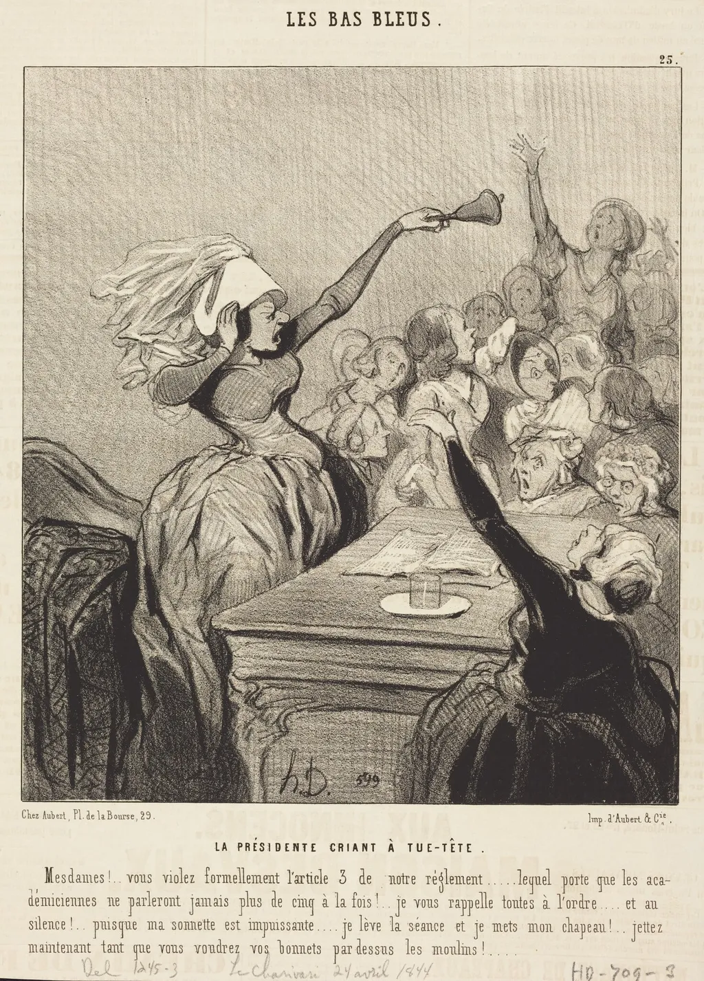 La Présidente criant a tue-tête: Mesdames!..., by Honoré Daumier, ink, 1844
