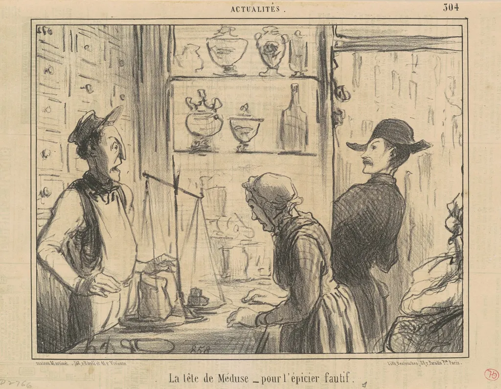 La tête de Méduse pour l'épicier fautif, by Honoré Daumier, ink, 1856