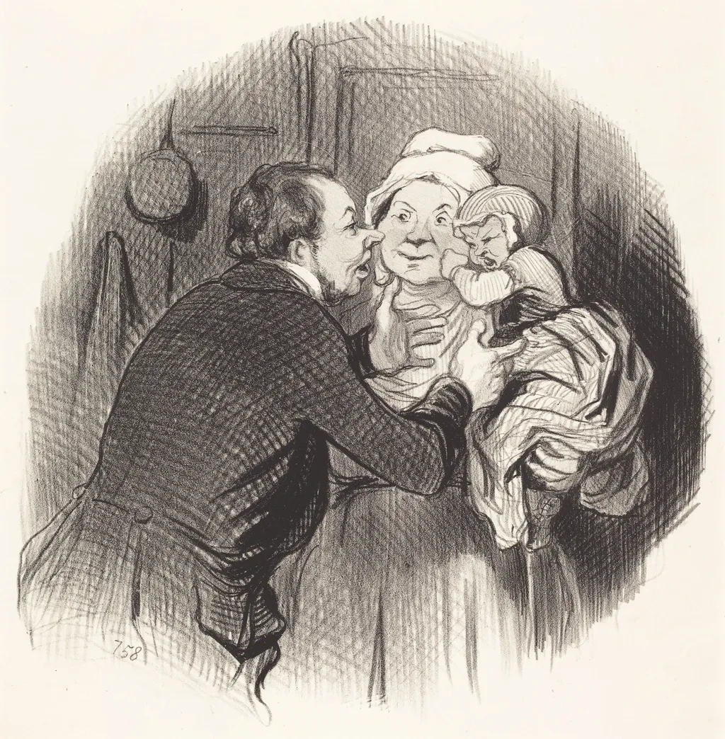 La Visite a la nourrice, by Honoré Daumier, ink, 1845