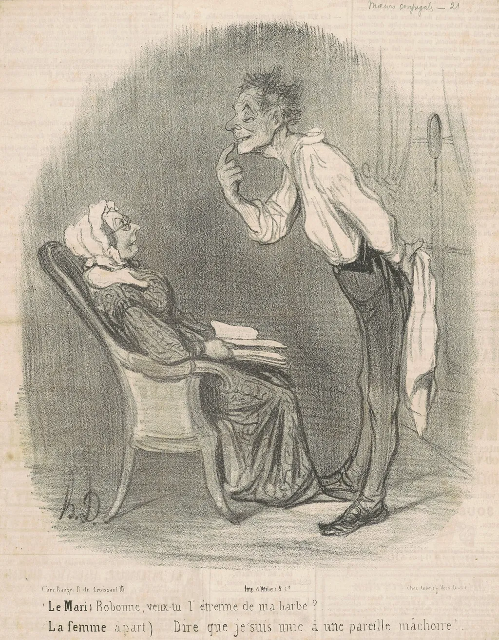 Le mari. Bobonne veux-tu l'étrenne de ma barbe?, by Honoré Daumier, ink, 1840