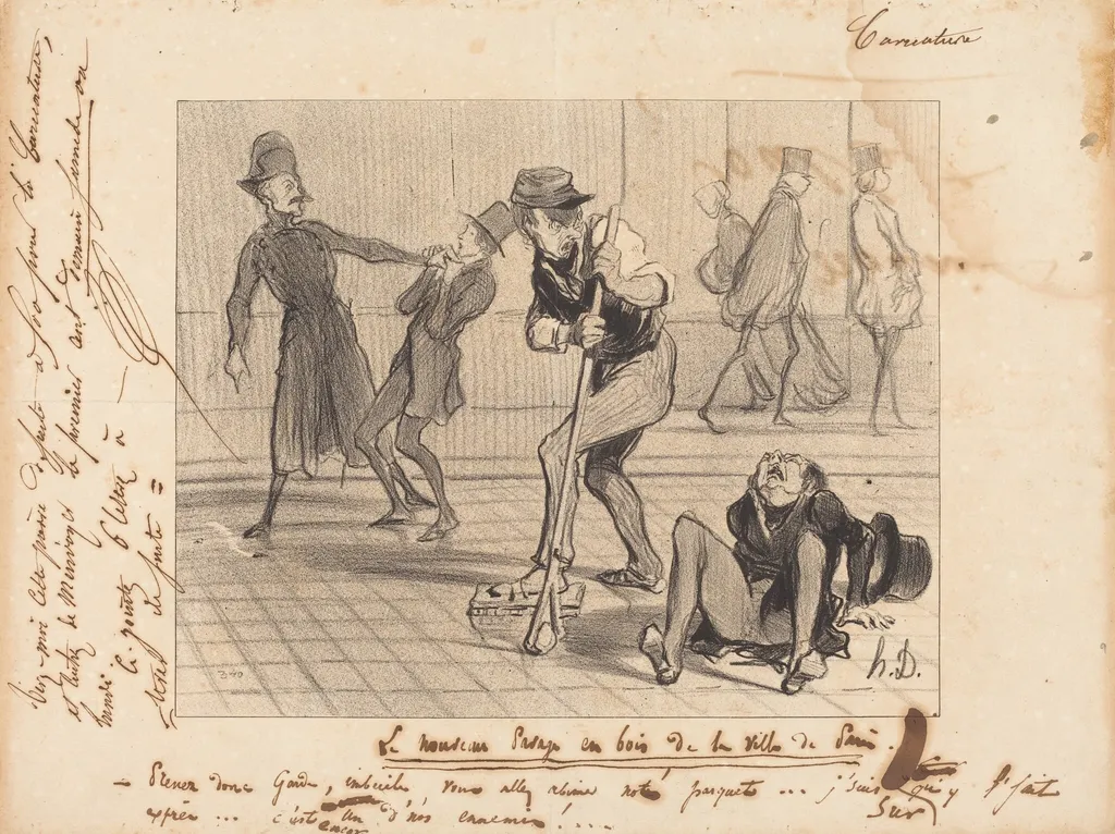 Le Nouveau pavage en bois... de Paris, by Honoré Daumier, ink, 1842