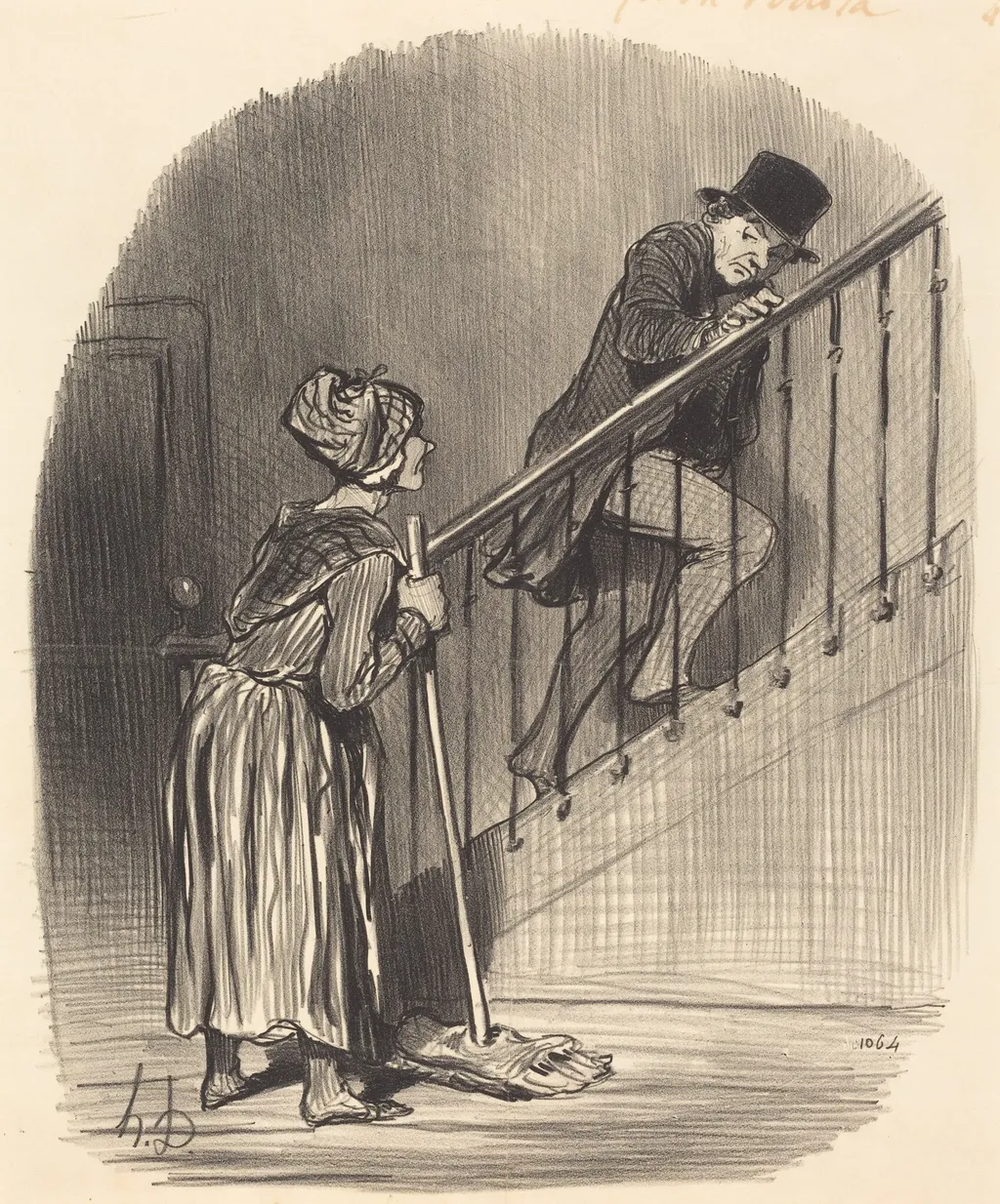 Ma femme est-elle a la maison?, by Honoré Daumier, ink, 1847