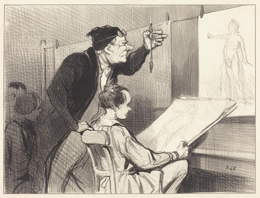 Mission pénible et délicate du professeur de dessin..., by Honoré Daumier, ink, 1846