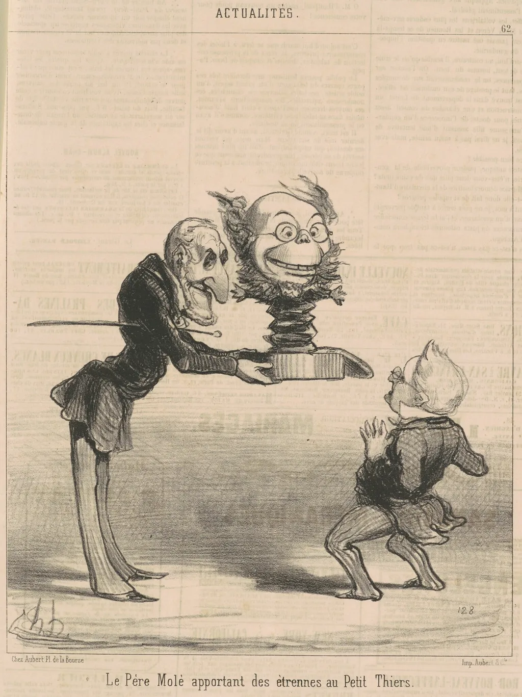 Molé apportant des étrennes au petit thiers, by Honoré Daumier, ink, 1850