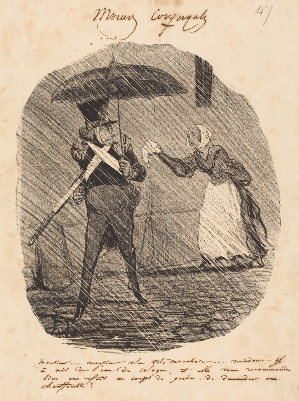 Monsieur... Monsieur, v'la vot' mouchoir, by Honoré Daumier, ink, 1842