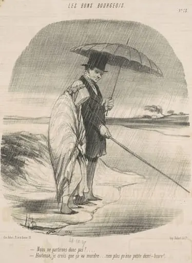 Nous ne partirons donc pas! -Hortense, je crois que ça va mordre . . . Rien plus qu'une petite demi-heure!, by Honoré Daumier