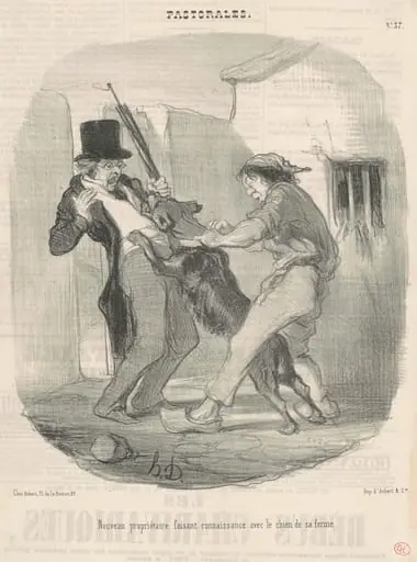 Nouveau propriètaire faisant connaissance avec le chien ..., by Honoré Daumier