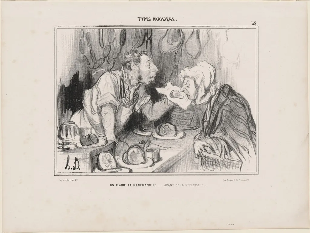 On flaire la marchandise... avant de la mécaniser!..., by Honoré Daumier, ink, 1839
