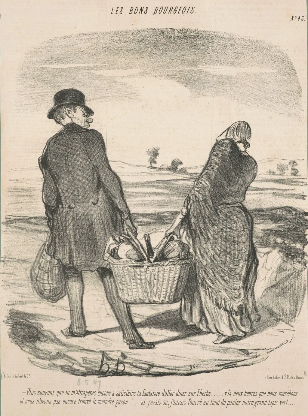 Plus souvent que tu m'attraperas encore à satisfaire ta fantaisie d'aller dîner sur l'herbe . . . V'là deux heures que nous marchons et nous n'avons pas encore trouvé le moindre qazon . . . Si j'avais su, j'aurais fourré au fond du panier notre grand tapis vert., by Honoré Daumier, ink, 8