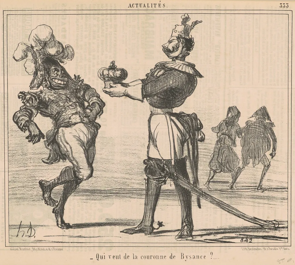 Qui veut de la couronne de Bysance?, by Honoré Daumier, ink, 1855