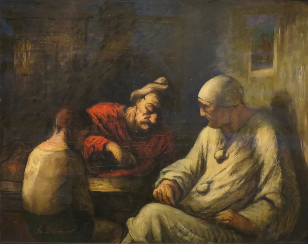 Saltimbanques Resting, by Honoré Daumier, oil, 1870