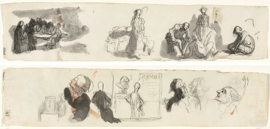 Sheet of Studies with a Group of Four Figures to the Right (recto) Sketches of Various Figures (verso), by Honoré Daumier, 1804