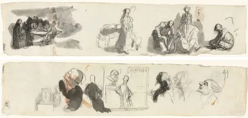 Sheet of Studies with a Group of Four Figures to the Right (recto) Sketches of Various Figures (verso), by Honoré Daumier