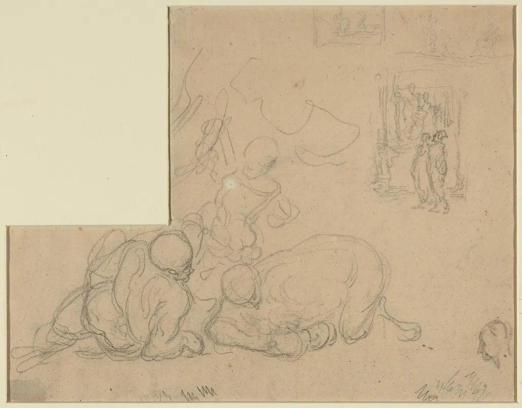 Sheet of Studies with Two Large Men on the Ground, by Honoré Daumier, chalk, 1844