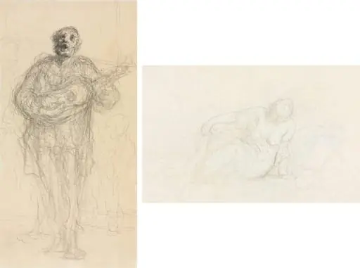 Singing Guitarist (recto); Reclining Woman Leaning on Her Arm (verso), by Honoré Daumier