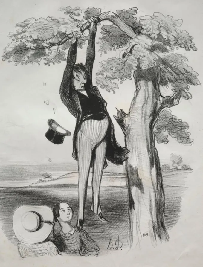 The hazards of shaking a plum tree too vigorously, when one too is mature., by Honoré Daumier, 1845