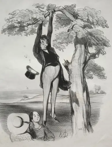 The hazards of shaking a plum tree too vigorously, when one too is mature., by Honoré Daumier
