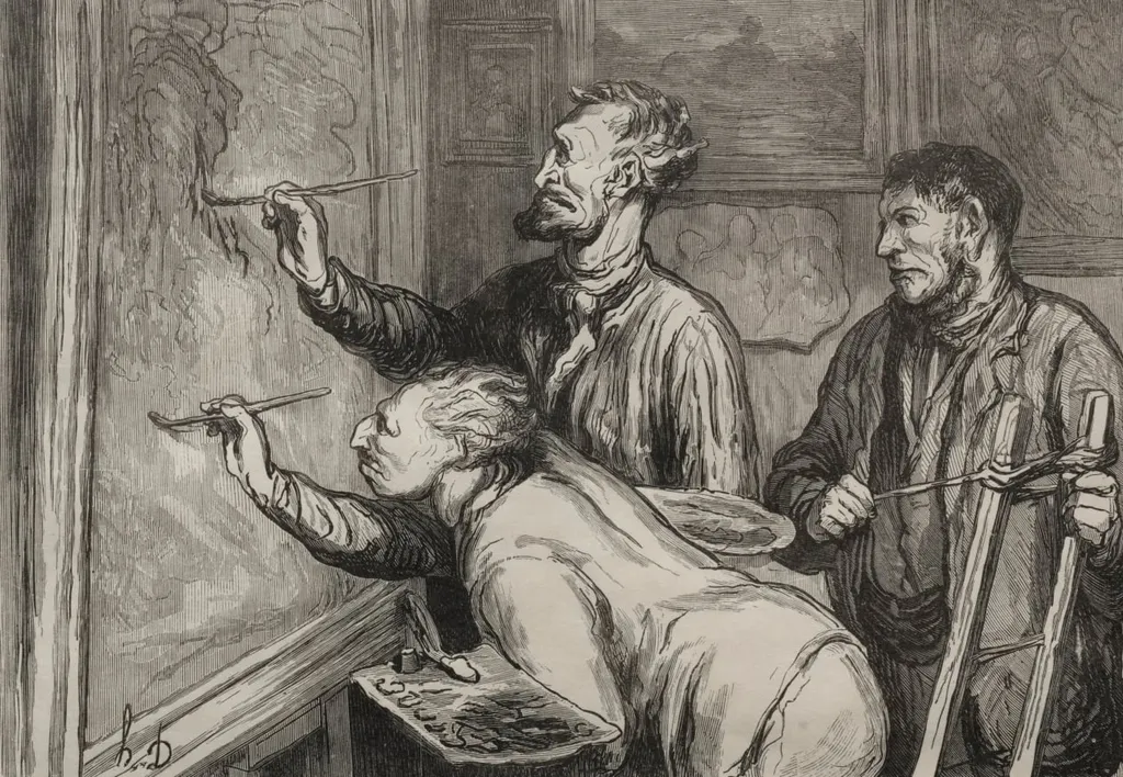 The Paintings Exhibition of 1868: Giving it the last touch, by Honoré Daumier, 1868
