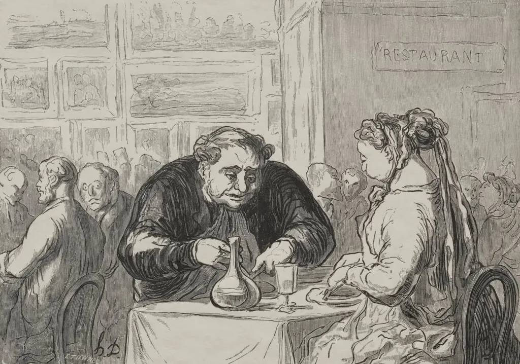 The Restaurant of the Great Art Exhibition: Love for the arts and the cutlet., by Honoré Daumier, 1868