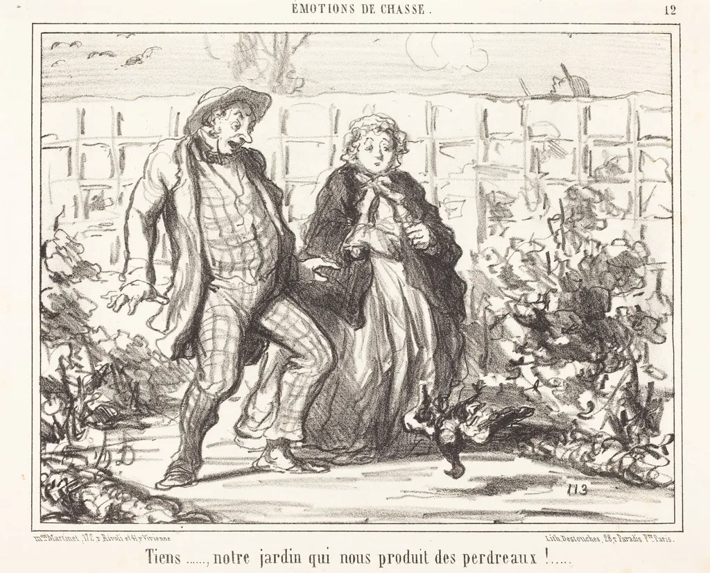 Tiens... notre jardin... produit des perdreaux!..., by Honoré Daumier, ink, 1857