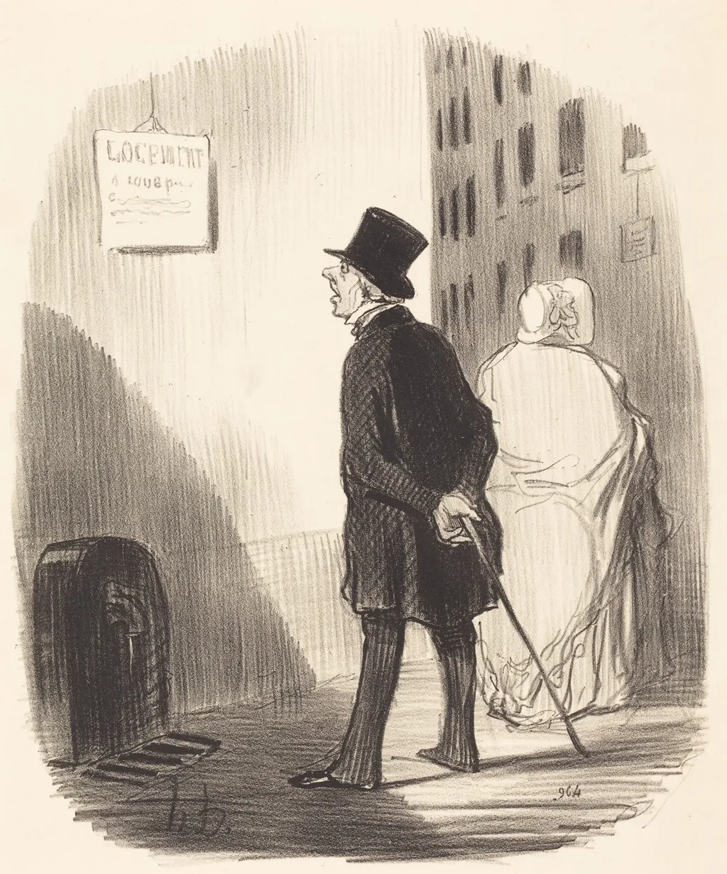 Tiens, voilà un écriteau que ma femme a passé..., by Honoré Daumier, ink, 1848