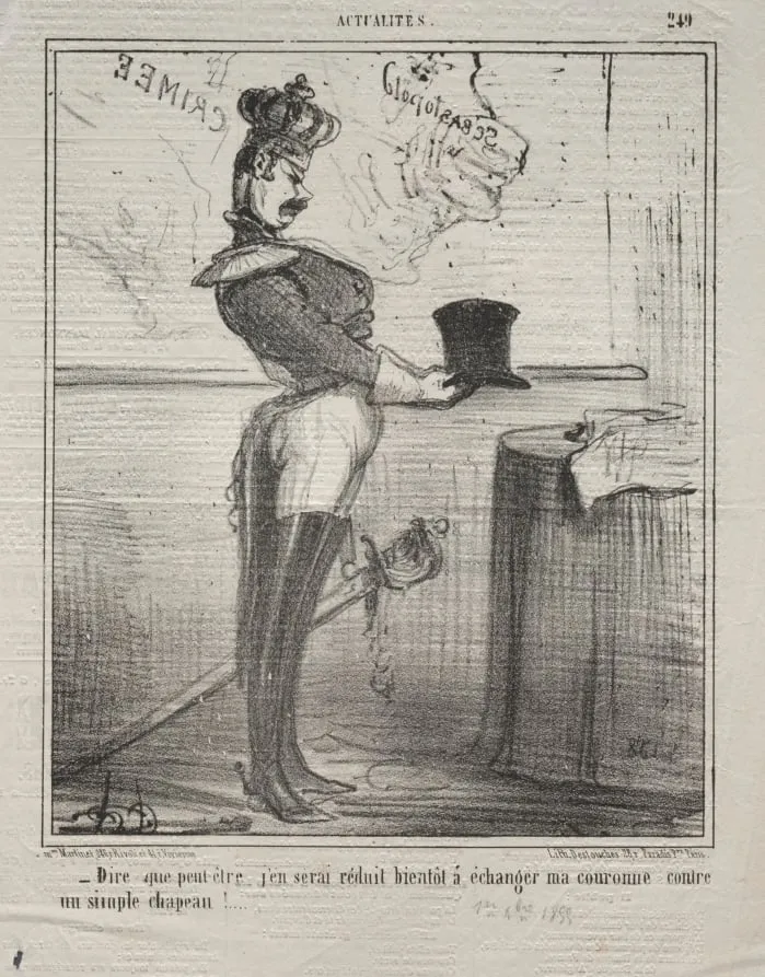 To think that I might soon be reduced to exchanging my crown for a simple hat!, by Honoré Daumier, 1855