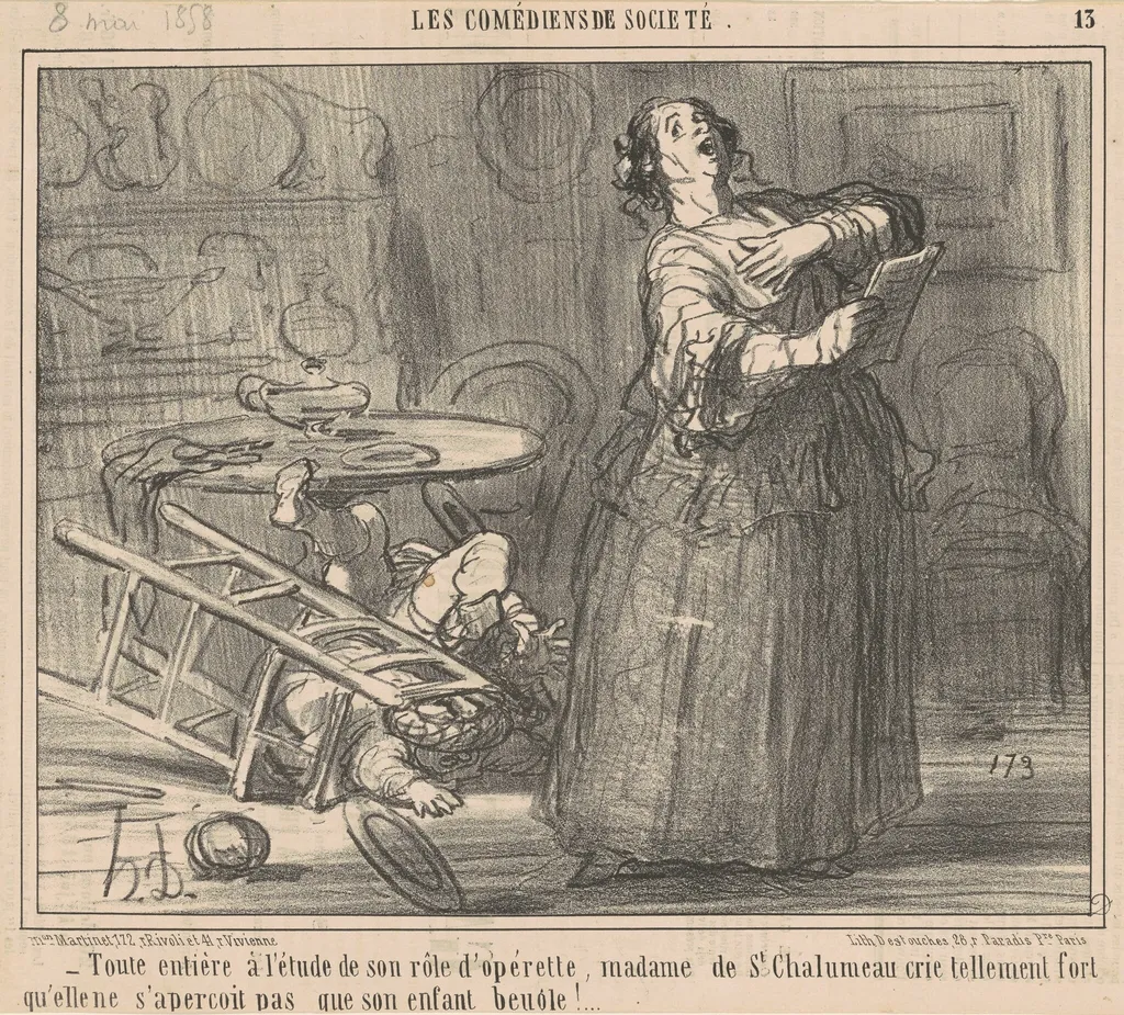 Toute entière a l'etude de son role ..., by Honoré Daumier, ink, 1858