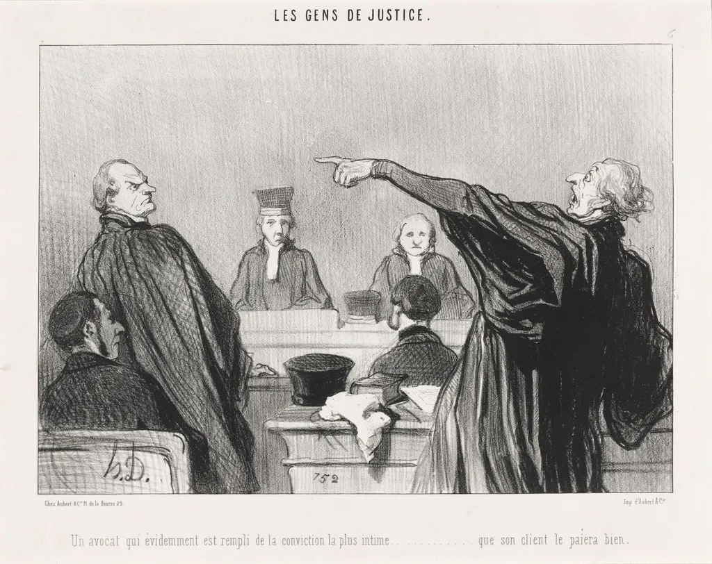 Un Avocat qui est... rempli de la conviction... intime..., by Honoré Daumier, ink, 1845