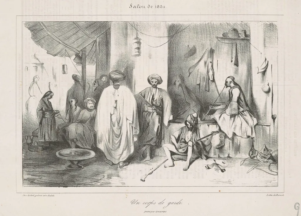 Un corps de garde peint par Decamps, by Honoré Daumier, ink, 1834
