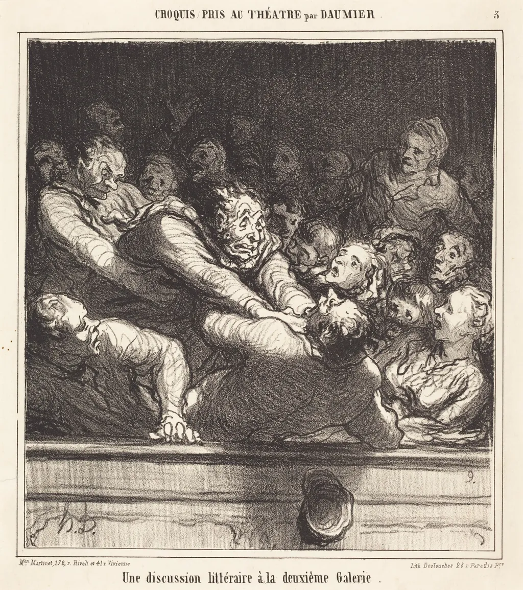 Une Discussion littéraire a la deuxième Galerie, by Honoré Daumier, ink, 1864
