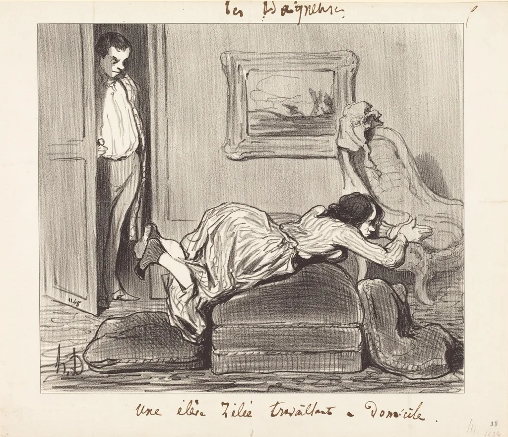 Une élè...zélée travaillant a domicile, by Honoré Daumier, ink, 1847