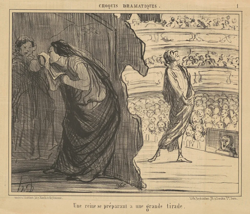 Une reine se préparant a une grande tirade, by Honoré Daumier, ink, 1856