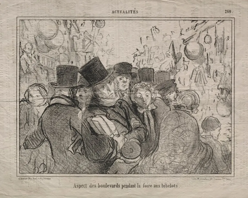 View of boulevards during a market for trinkets, by Honoré Daumier, 1856