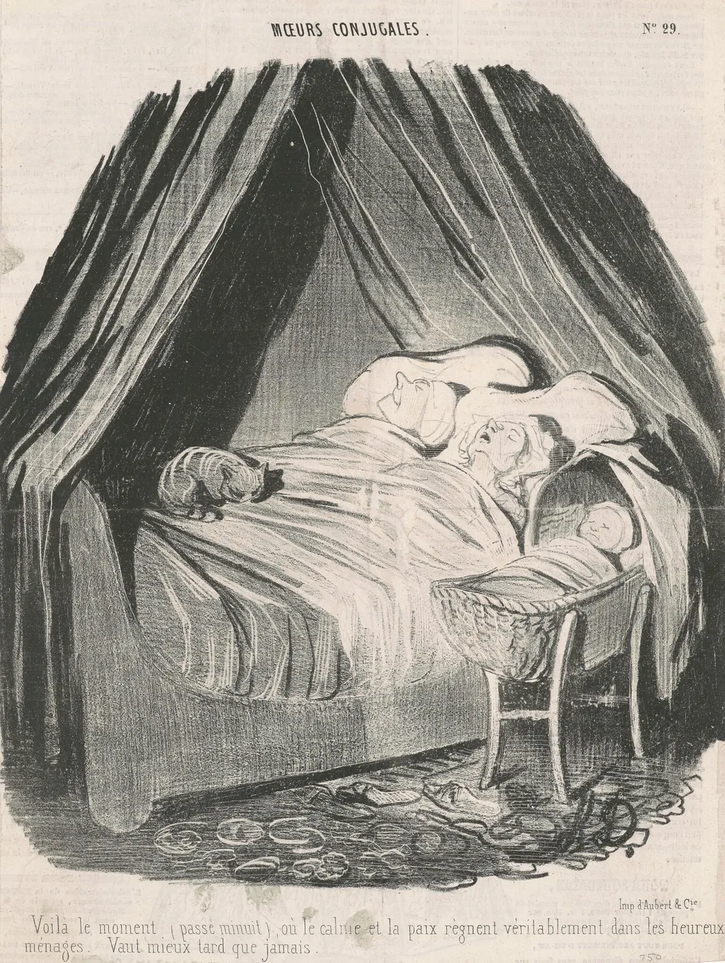 Voilà le moment (passé minuit) o∙ le calme et la paix règnent véritablement dans les heureux ménages. Vaut mieux tard que jamais., by Honoré Daumier, ink, 22