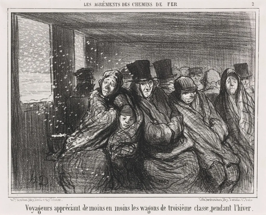 Voyageurs appréciant de moins en moins les wagons de troisième classe..., by Honoré Daumier, ink, 1856