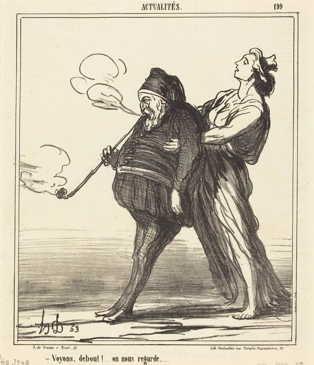 Voyons!... debout, on nous regarde, by Honoré Daumier, ink, 1866