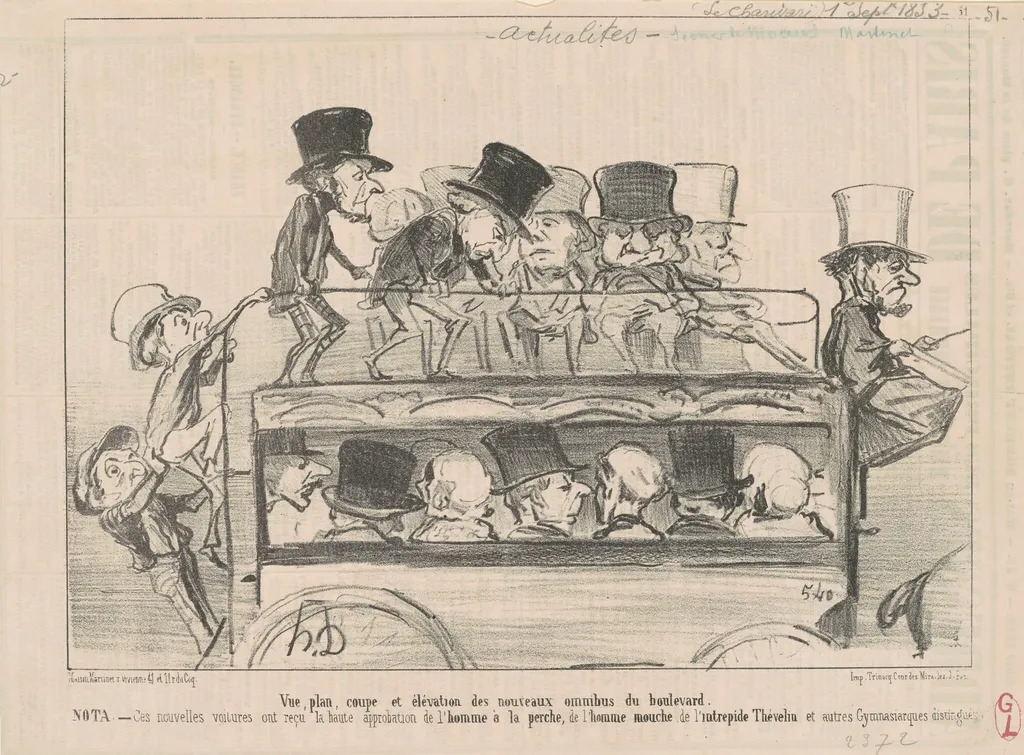 Vue ... et elévation des ... omnibus du boulevard ..., by Honoré Daumier, ink, 1853