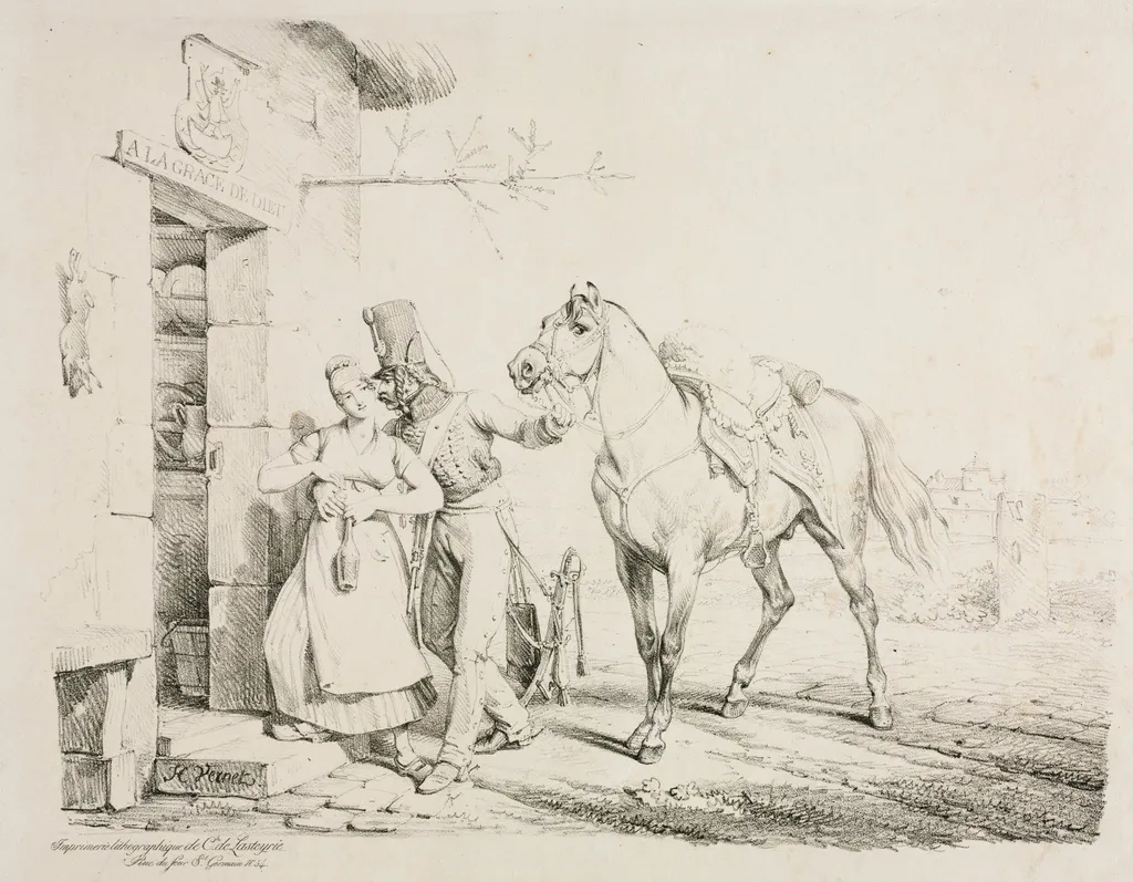Hussar at the Door of a Cabaret, or Hussar Embracing a Servant, by Horace Vernet, 1817