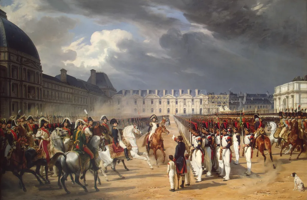 Invalid handing a petition to Napoleon at the parade in the court of the Tuileries Palace, by Horace Vernet, oil, 1838