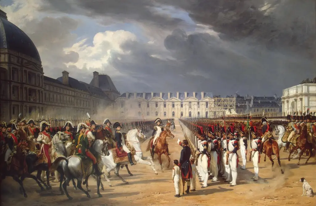 Invalid handing a petition to Napoleon at the parade in the court of the Tuileries Palace, by Horace Vernet