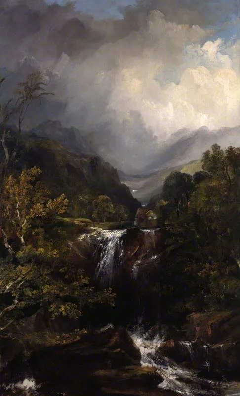 Highland Landscape with a Waterfall, by Horatio McCulloch, oil, 1835