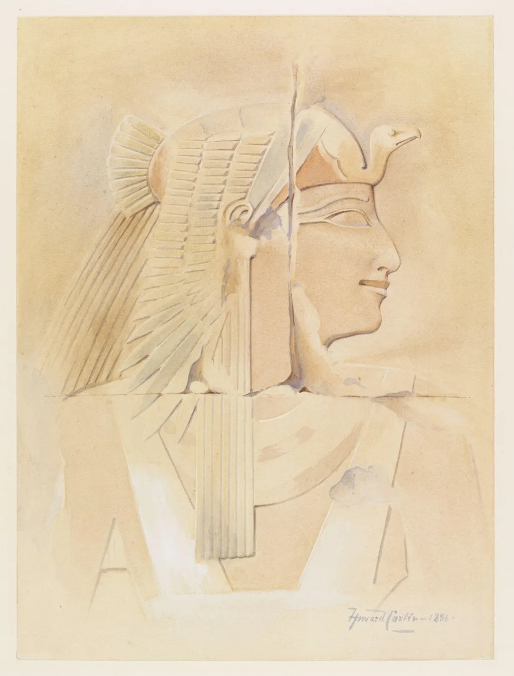 Head of Queen Aahmes Nefertari: copy of a painted low relief in the Mortuary Temple of Hatshepsut, Deir al-Bahri, by Howard Carter, watercolor, 1896